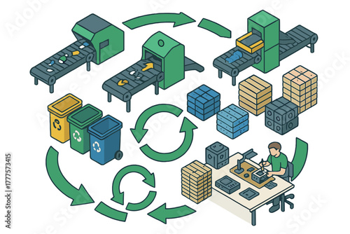 Circular economy process showing waste sorting, material recycling, manufacturing, and product creation cycle