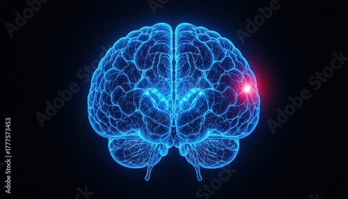 Glowing human brain with highlighted area for medical study or pharmaceutical research, showing innovation and new technologies for treatment options