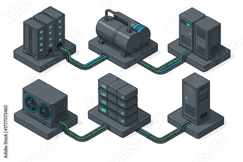 Isometric view of interconnected server racks, cooling equipment, and data storage units