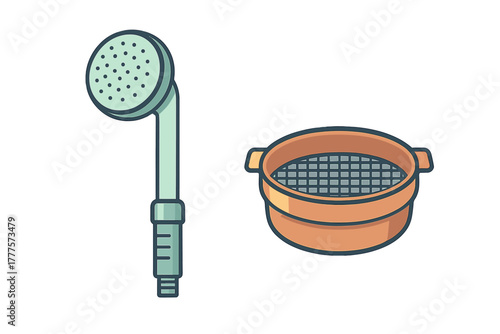 Set of household cleaning shower nozzle and kitchen sifting bowl utensils