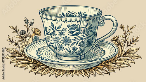 Very beautiful engraved illustration of a cup and saucer adorned with delicate floral decorations, showcasing intricate hand-drawn details in elegant vintage vector engraving style.