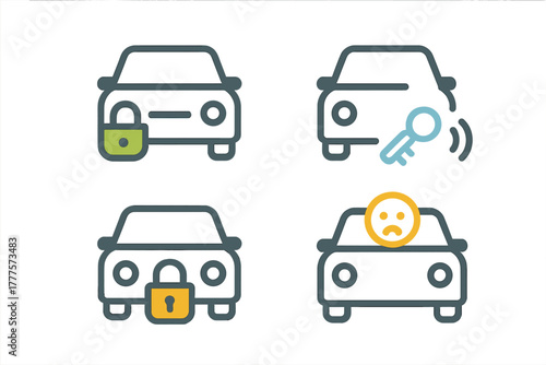 Automobile security status icons showing lock, remote key, and system warning