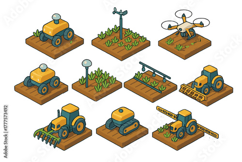 Isometric smart farming technology featuring autonomous robots, agricultural drones, sensors, and modern tractors