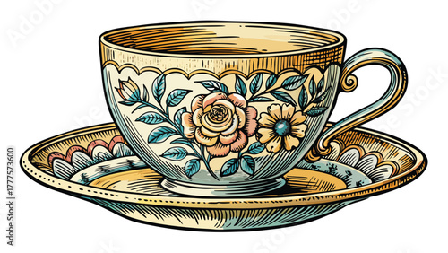 Very beautiful engraved illustration of a cup and saucer adorned with delicate floral decorations, showcasing intricate hand-drawn details in elegant vintage vector engraving style.
