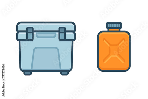 Insulated cooler box and orange fuel jerrycan for camping and outdoor travel