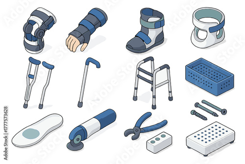 Orthopedic medical devices and surgical instruments set in isometric view
