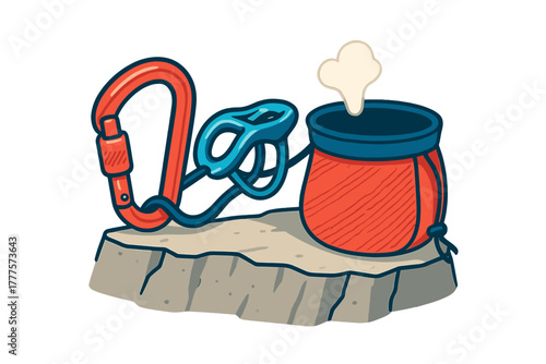 Rock climbing gear setup with carabiner, belay device, and chalk bag on stone