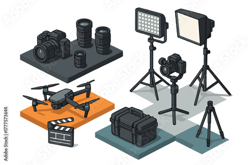 Professional video production and photography equipment set with drone camera lenses and studio lights