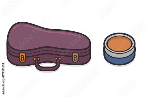 Purple closed hard shell case and round tin of amber rosin for string instruments