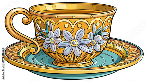 Very beautiful engraved illustration of a cup and saucer adorned with delicate floral decorations, showcasing intricate hand-drawn details in elegant vintage vector engraving style.