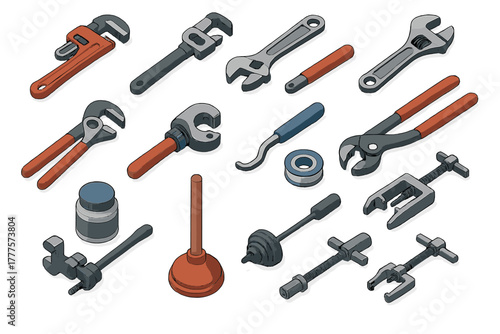 Isometric set of professional plumbing wrenches, pliers, and specialized repair instruments