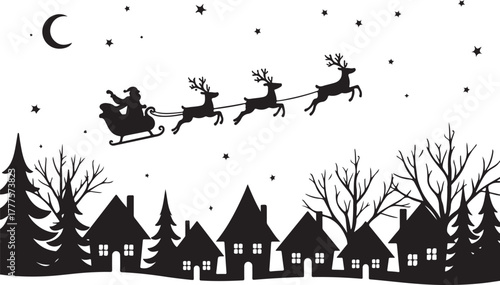 Santa Claus riding his sleigh across the moonlit sky