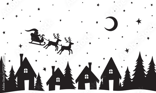 Santa Claus riding his sleigh across the moonlit sky