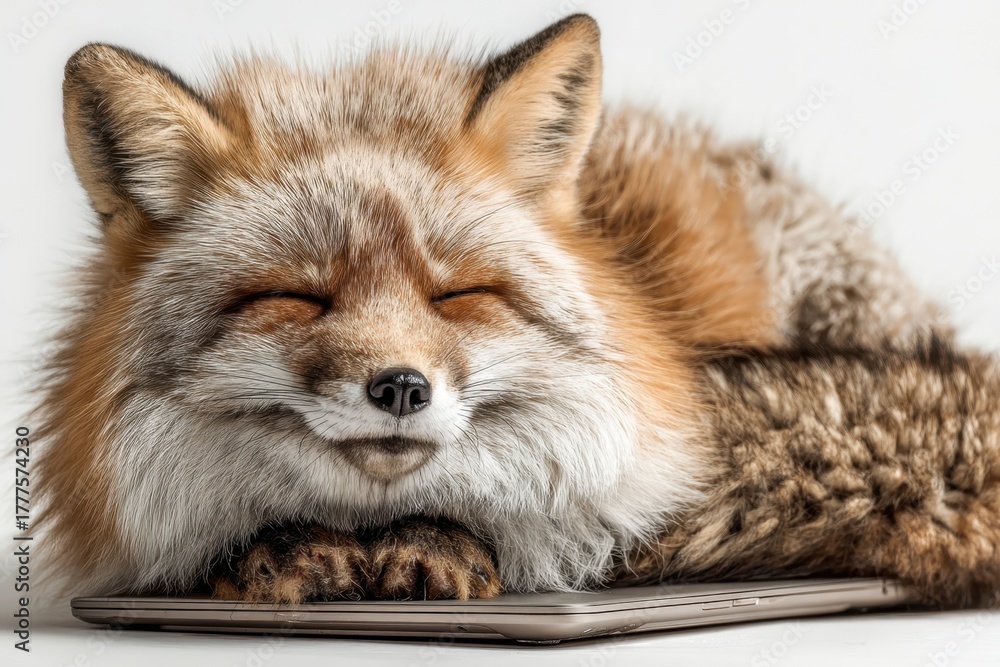 Obraz premium Smiling fox uses laptop outside near wooden structure in natural light while resting comfortably on a mat