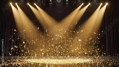 Golden confetti cascades gracefully onto a spotlight-illuminated stage, featuring dark, elegant curtains in the background. Hundreds of shimmering metallic flakes fall and accumulate on the polished f