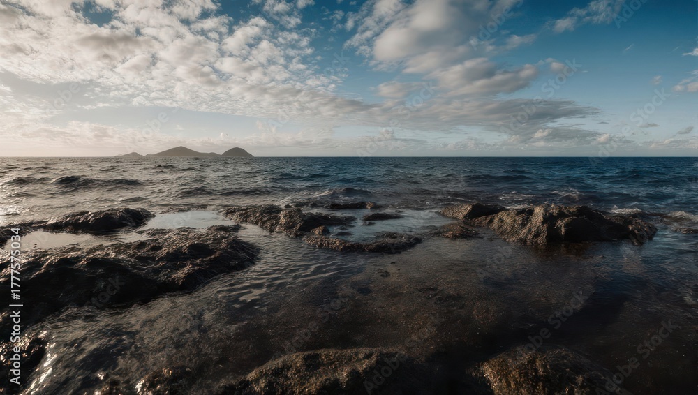 Fototapeta premium Rocky Shoreline Under a Cloudy Sky - A Serene Coastal Landscape.