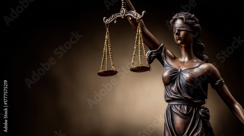 A blindfolded statue of Themis, holding scales, against a dark gradient background. A symbol of justice and law.
