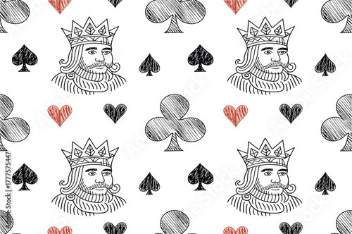 Playing Cards Seamless Pattern Vector - King, Spades, Hearts, and Clubs Sketch - Gambling and Casino Background