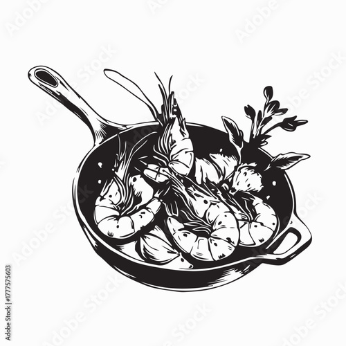 Delicious Stir Fried Shrimp in Frying Pan Vector Illustration