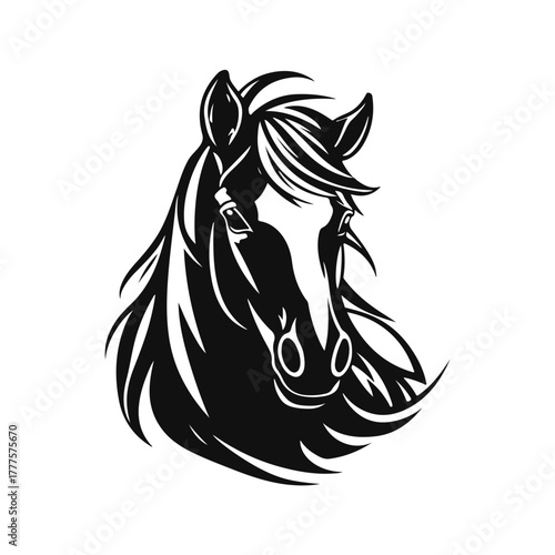 Horse logo template. Black and white silhouette of a horse head with a graceful mane. Elegant minimalist logo for branding, design and printing