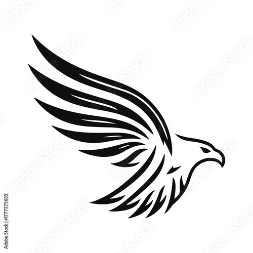 Eagle logo template. Black and white silhouette of an eagle with spread wings. Symmetrical and stylish logo, perfect for branding and emblems