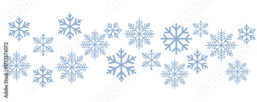 Seamless winter pattern featuring blue snowflakes on a white background. Minimalist festive design ideal for Christmas wrapping paper, holiday cards, textiles, and seasonal decorations.