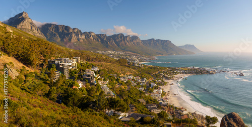 View of the corner of Table Mountain, the Twelve Apostles, Clifton Beach and Camps Bay., part of the Atlantic SeaboardCape Town. Western Cape. South Africa.
