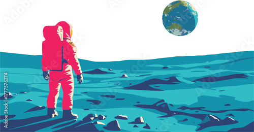 Futuristic astronaut on lunar surface gazes at Earth, space exploration and discovery, bold colors, modern design, perfect for science and technology concepts