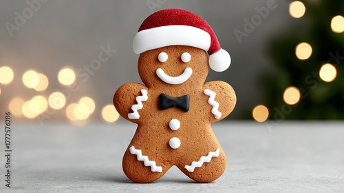 Fototapeta Naklejka Na Ścianę i Meble -  Gingerbread man with a red hat and a bow tie is smiling. The image has a festive and cheerful mood, as it is a representation of a popular Christmas character