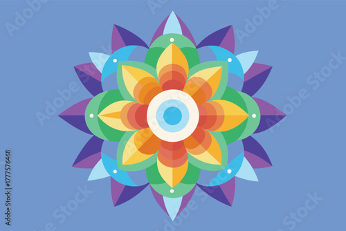 Vibrant kaleidoscopic mandala design with radiating geometric petals in rainbow gradient colors against a solid blue background symbolizing harmony and spiritual growth