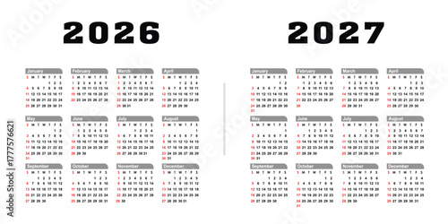 2026 2027 minimalist Yearly calendar vector illustration isolated on white background.  calendar template 2026, 2027