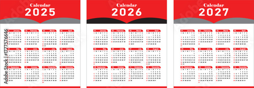 minimalist Yearly calendar  2025 2026 2027 vector illustration isolated on white background. 