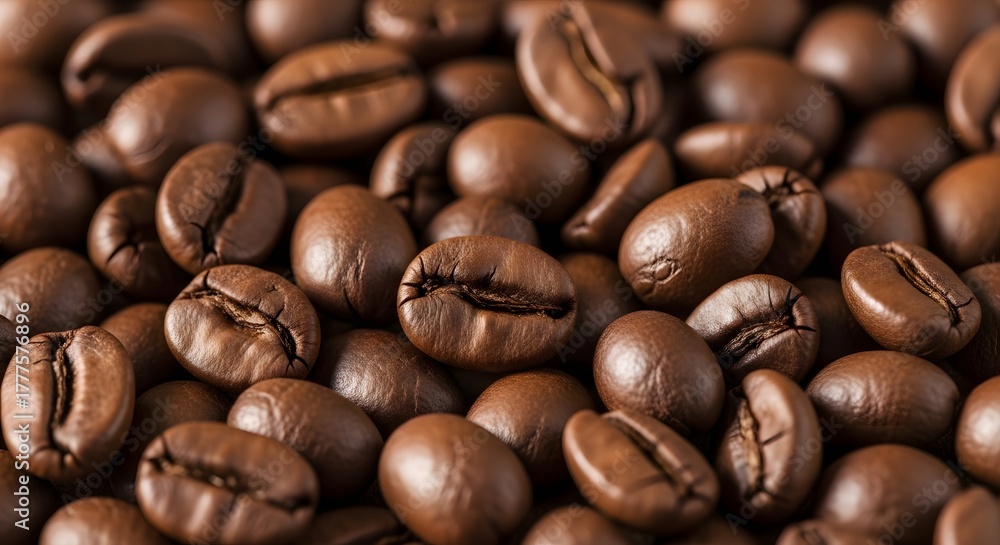 Fototapeta premium Close-up view of fresh roasted brown coffee beans creating a rich textured background full of warmth and aromatic depth