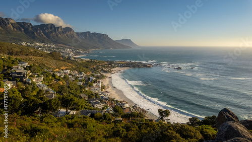 View of the corner of Table Mountain, the Twelve Apostles, Clifton Beach and Camps Bay., part of the Atlantic SeaboardCape Town. Western Cape. South Africa.