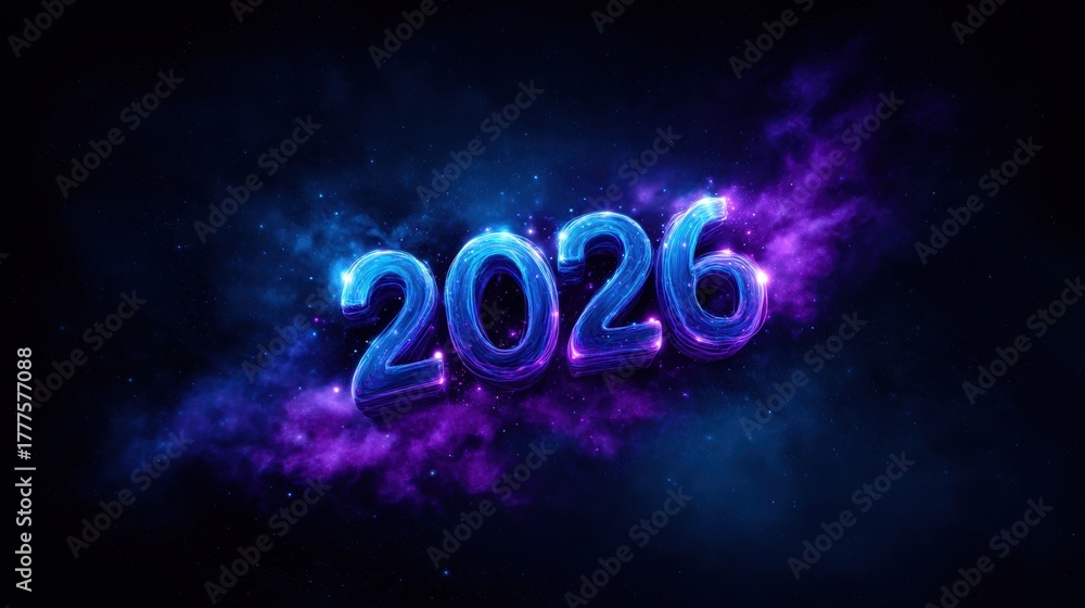 Fototapeta premium Futuristic 2026 Glowing Numbers in Cosmic Nebula