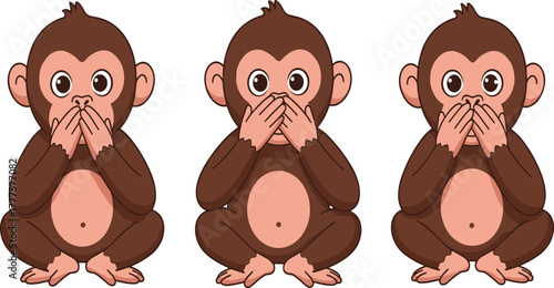 Three wise monkeys cartoon illustration, cute animals covering mouth, see no evil concept, funny vector design, moral symbolism art
