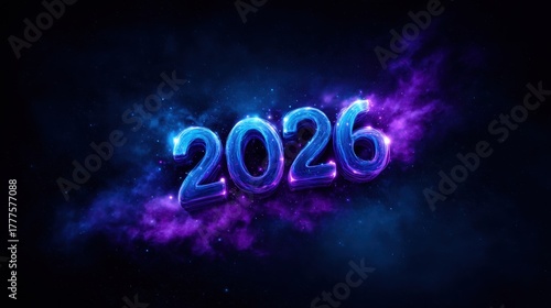Futuristic 2026 Glowing Numbers in Cosmic Nebula