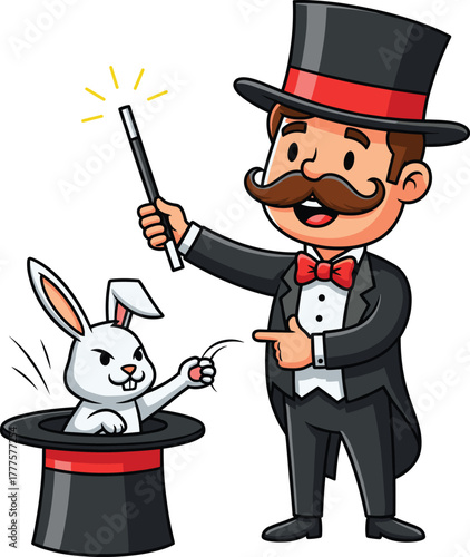 Cartoon magician performing magic trick with wand, rabbit in hat holding playing card, fun vector illustration for children, comics, posters, and entertainment design