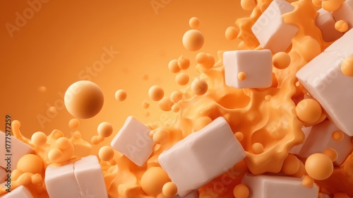 Vibrant Abstract Background with Orange Fluid Splash and Creamy Geometric Shapes