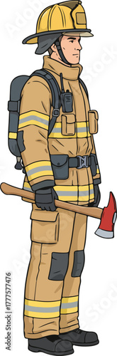 vector illustration A firefighter in full tan bunker gear, complete with a yellow helmet and an SCBA tank, stands in profile holding an axe with a red head.