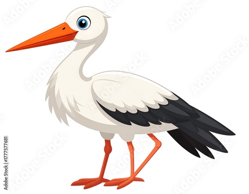 Cartoon Stork Illustration - Graceful Bird with Orange Beak and Black Wings.