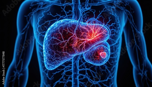 Diagnosing liver disease with detailed anatomical rendering for medical research or healthcare marketing featuring inflammation and vascular system in human torso