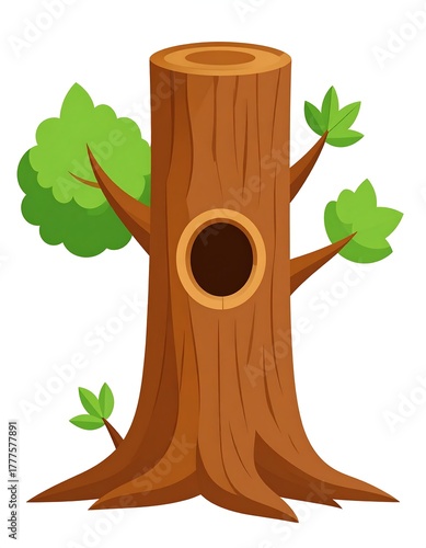 Cartoon Tree Stump with Hole and Green Leaves Illustration.