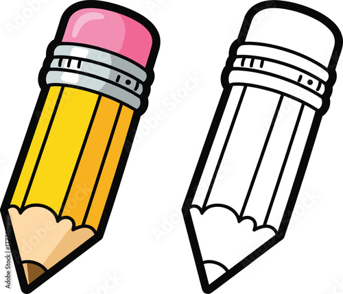 Cartoon pencil illustration set, full-color and outline versions with eraser and sharpened tip, school theme, vector clipart, children’s design asset
