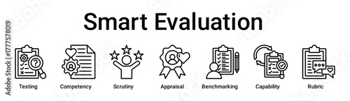 Smart Evaluation banner web icon vector illustration concept for education with icon of Testing, Competency, Scrutiny, Appraisal, Benchmarking, Capability.