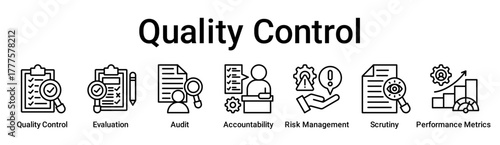 Quality Control banner web icon vector illustration concept for education with icon of Quality Control, Evaluation, Audit, Accountability, Risk Management, Scrutiny, Performance.
