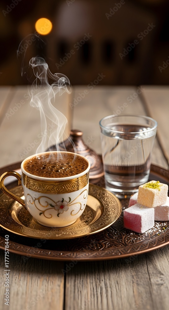 Fototapeta premium Traditional Turkish coffee served in an ornate cup with rich foam, symbolizing heritage, warmth, and the art of authentic coffee brewing