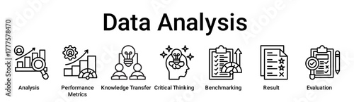 Data Analysis banner web icon vector illustration concept for education with icon of Analysis, Performance Metrics, Knowledge Transfer, Critical Thinking, Benchmarking, Result.