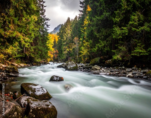 Cascading River Through Autumn Forest - A Serene Landscape.