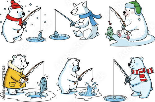 Cartoon polar bear ice fishing illustration set, winter outfits and fishing props, expressive poses and snow scenes, vector clipart, children’s design asset